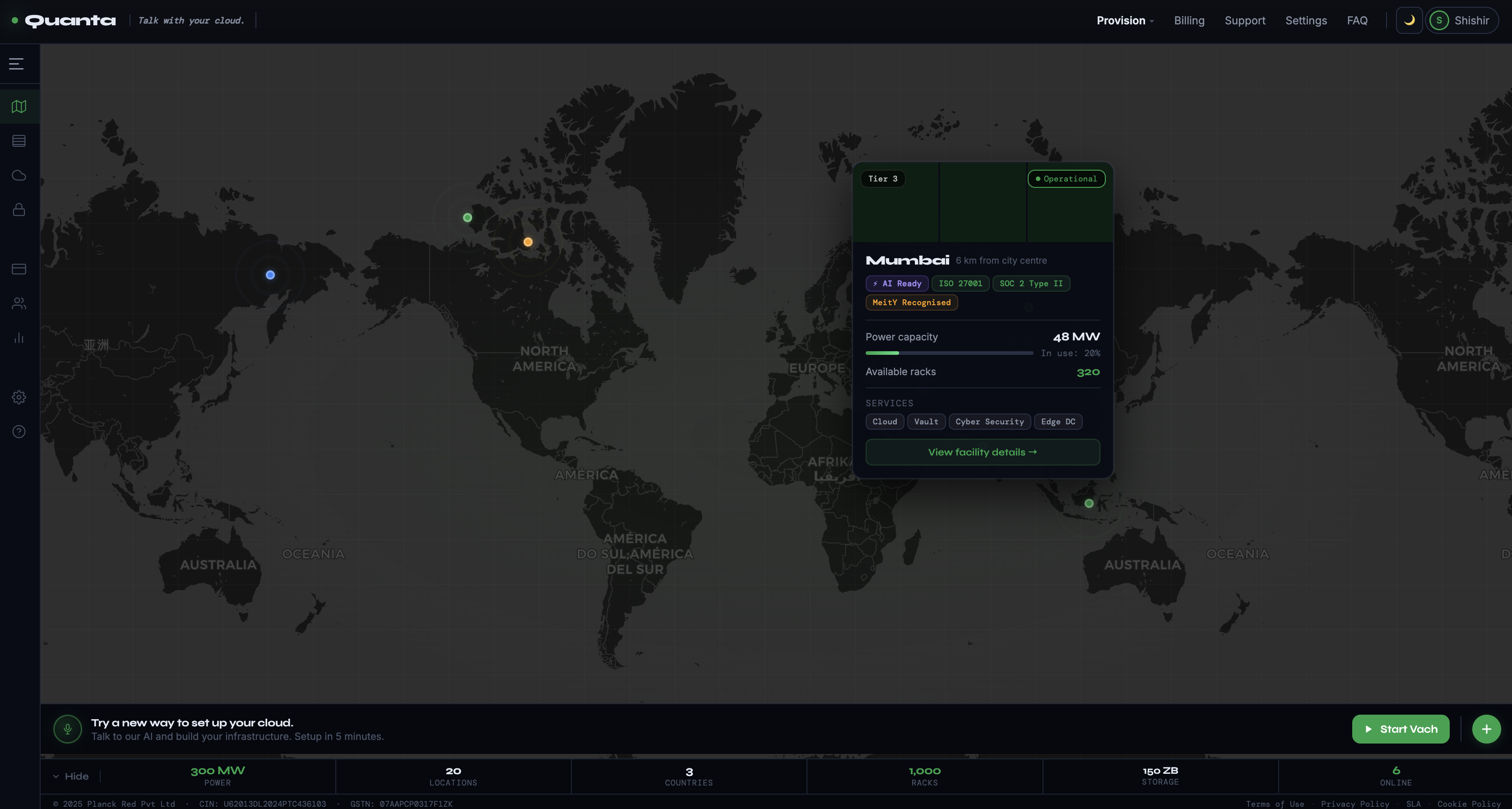 Quanta Cloud dashboard — global infrastructure map with facility details